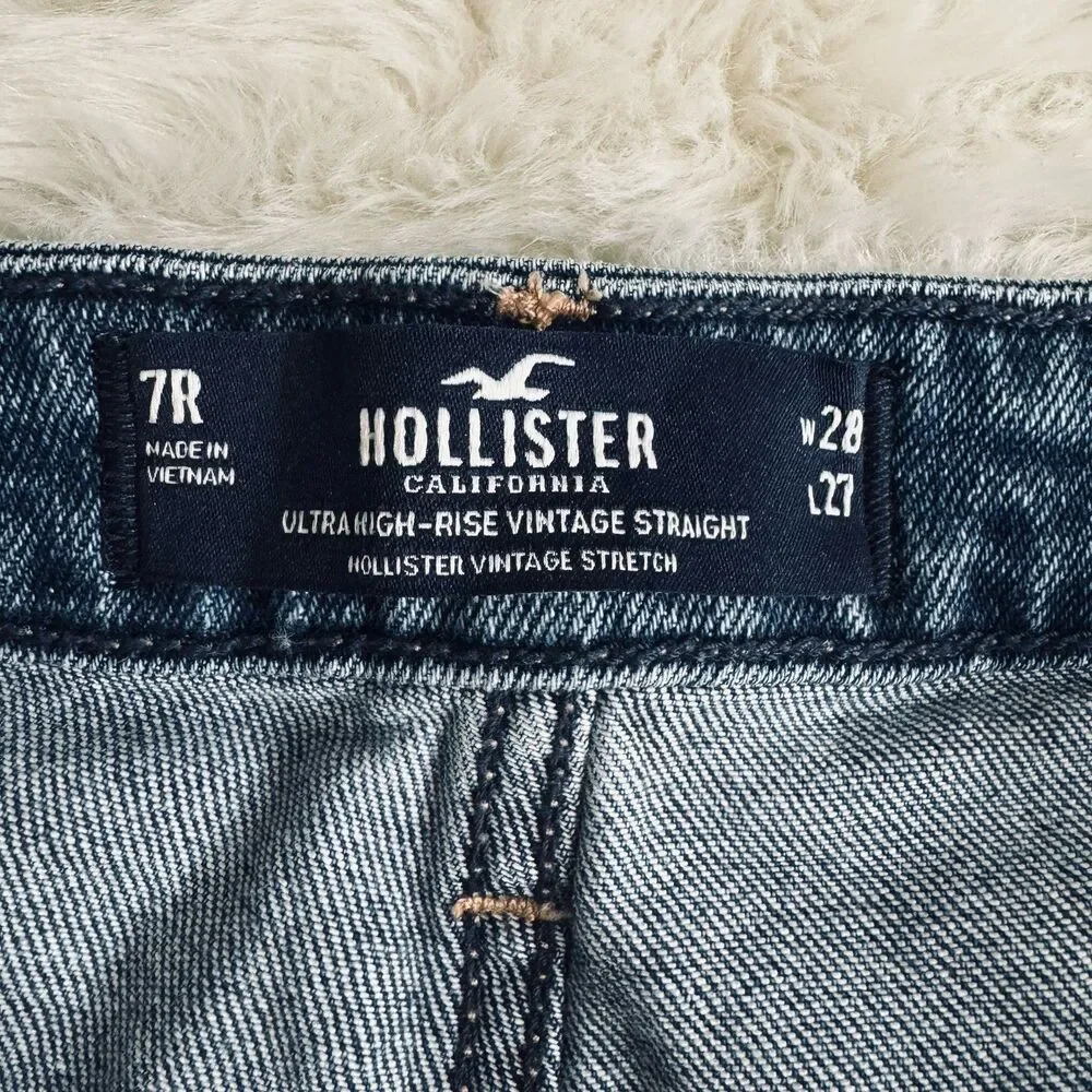 Hollister Ultra High Rise Vintage Straight Jeans 7 (27x26) Blue Distressed Denim